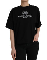 Camiseta Balenciaga preta de algodão com logotipo, gola redonda e manga curta