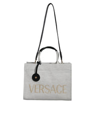 Bolsa transversal Versace branca com alça superior em couro e lona com logotipo