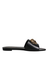 Versace Preto Couro Logo Placa Slip On Sapatos Flats