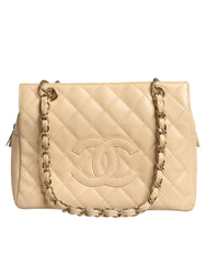 Bolsa Chanel Bege Caviar De Coco em Couro com Corrente