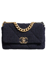 Bolsa de ombro Chanel Azul Escuro Média com Aba em Tweed CC com Corrente Cinza Dourada