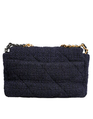 Bolsa de ombro Chanel Azul Escuro Média com Aba em Tweed CC com Corrente Cinza Dourada