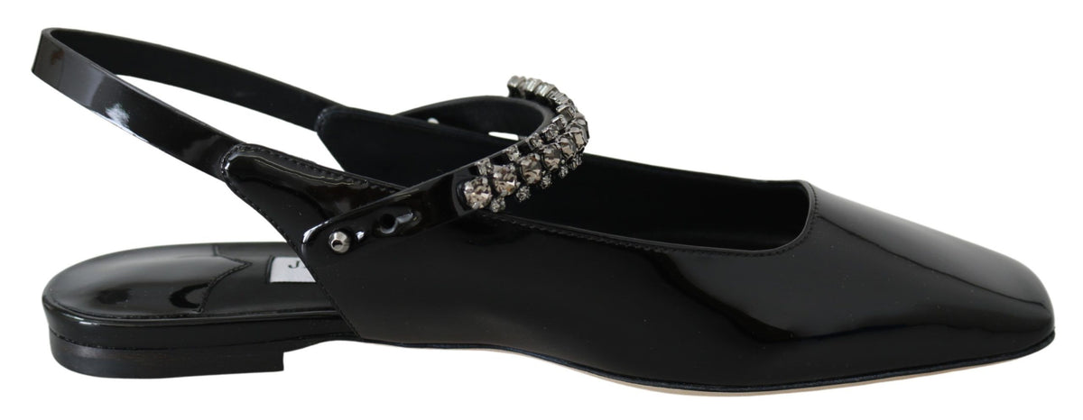 Jimmy Choo Elegante Sapatilha Preta Envernizada com Detalhes em Cristal