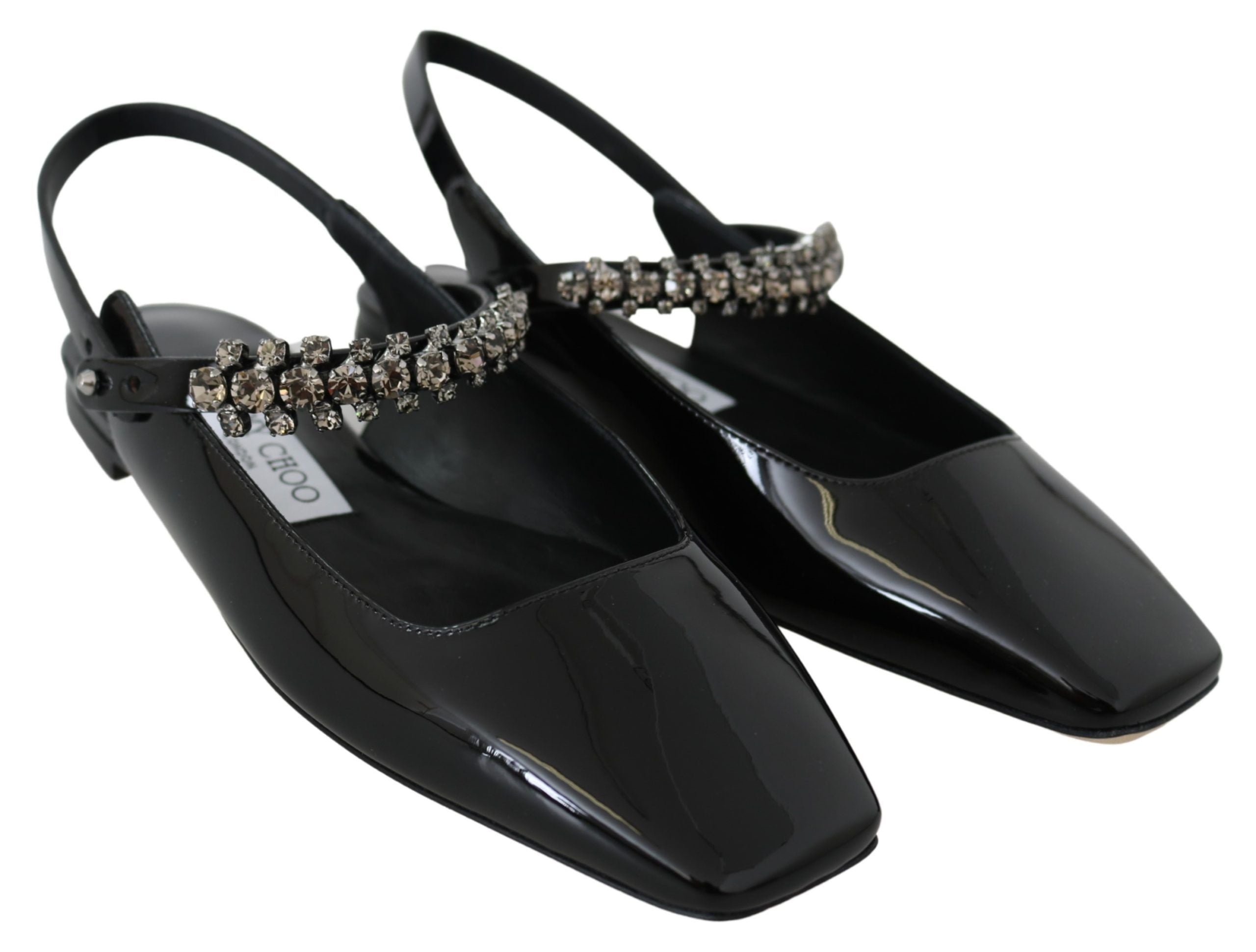 Jimmy Choo Elegante Sapatilha Preta Envernizada com Detalhes em Cristal