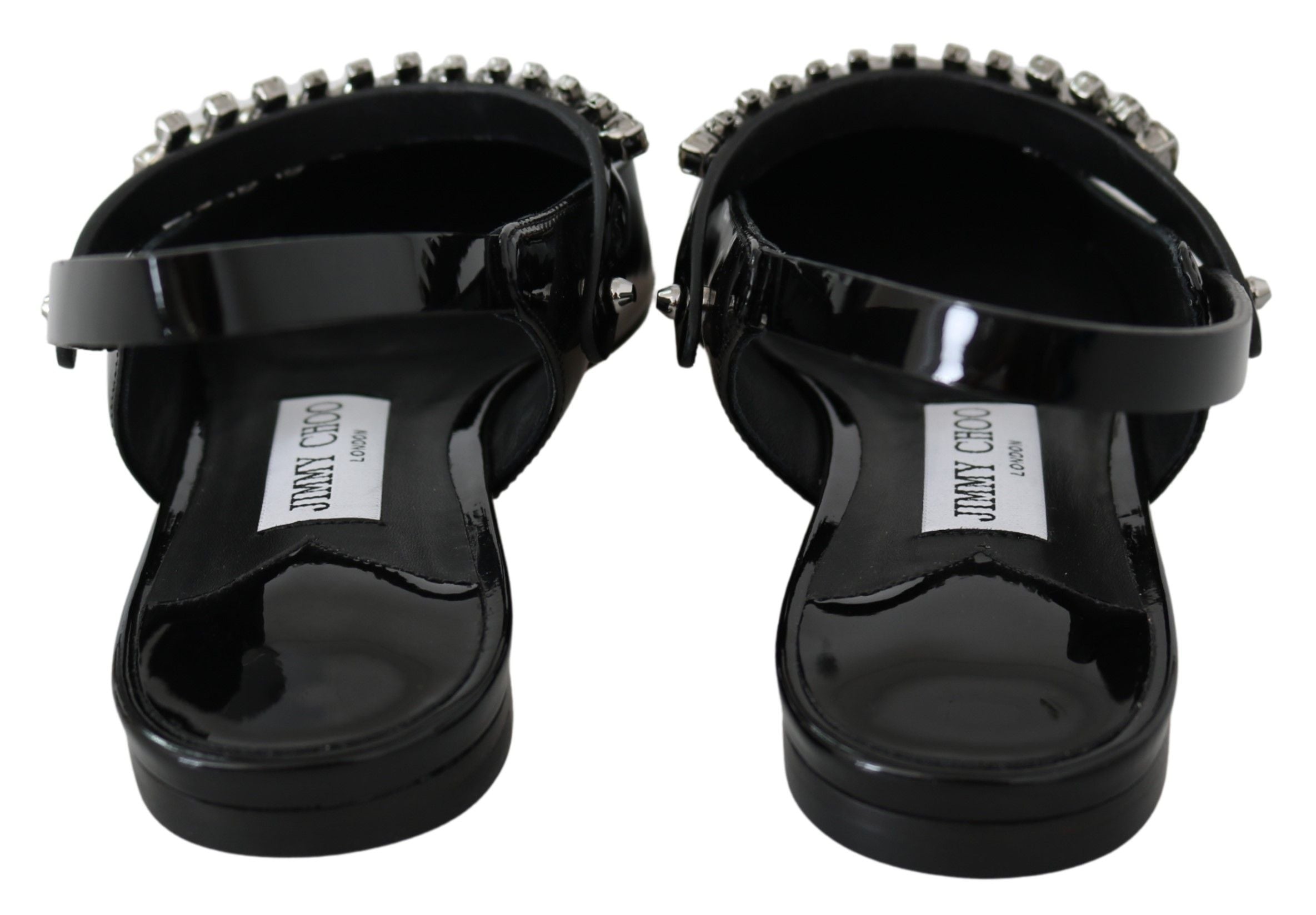 Jimmy Choo Elegante Sapatilha Preta Envernizada com Detalhes em Cristal