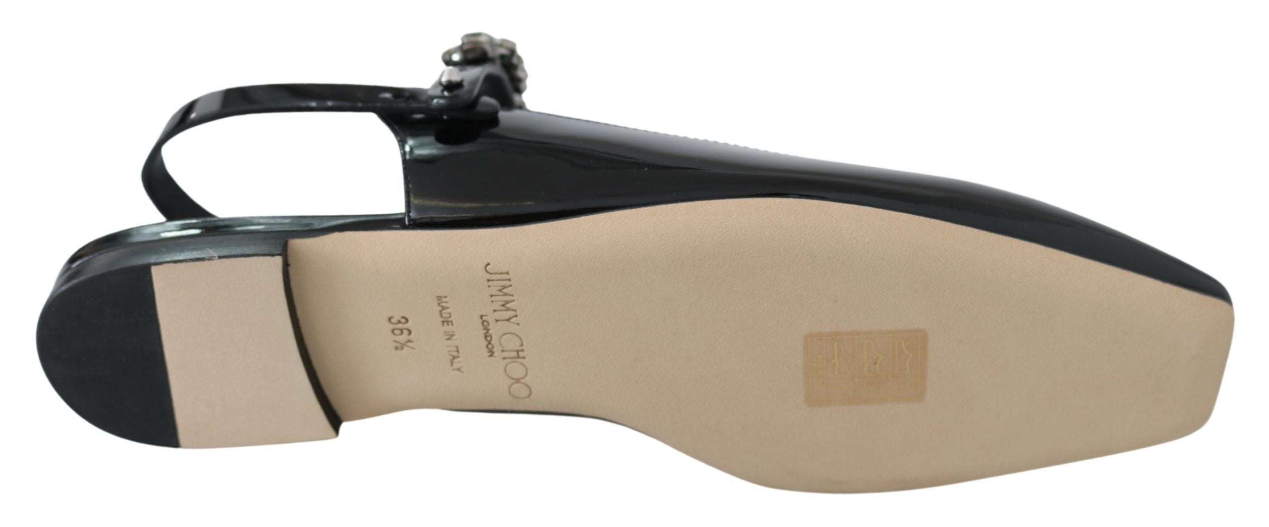 Jimmy Choo Elegante Sapatilha Preta Envernizada com Detalhes em Cristal