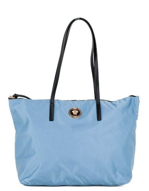 Bolsa tote de couro de nylon azul-centáurea Versace Portuna Medusa média