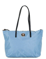 Bolsa tote de couro de nylon azul-centáurea Versace Portuna Medusa média