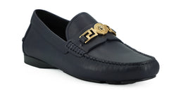 Mocassins Versace Elegantes em Couro de Bezerro Azul Marinho