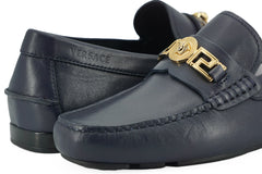 Mocassins Versace Elegantes em Couro de Bezerro Azul Marinho