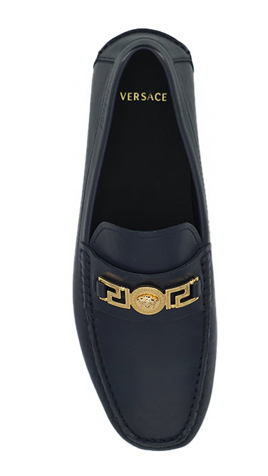 Mocassins Versace Elegantes em Couro de Bezerro Azul Marinho