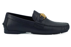 Mocassins Versace Elegantes em Couro de Bezerro Azul Marinho
