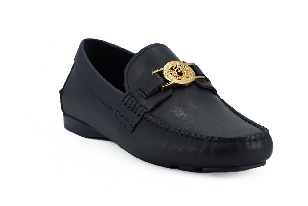 Mocassins Versace Elegantes em Couro de Bezerro Azul Marinho