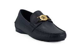Mocassins Versace Elegantes em Couro de Bezerro Azul Marinho
