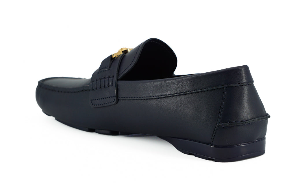 Mocassins Versace Elegantes em Couro de Bezerro Azul Marinho