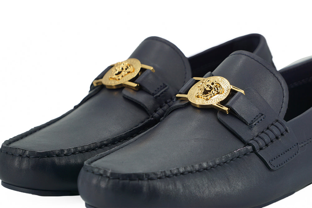 Mocassins Versace Elegantes em Couro de Bezerro Azul Marinho