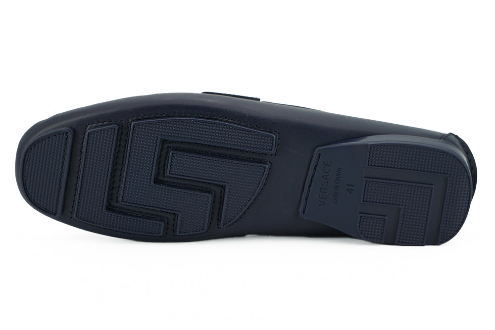 Mocassins Versace Elegantes em Couro de Bezerro Azul Marinho