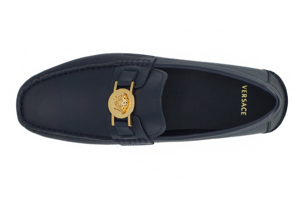 Mocassins Versace Elegantes em Couro de Bezerro Azul Marinho