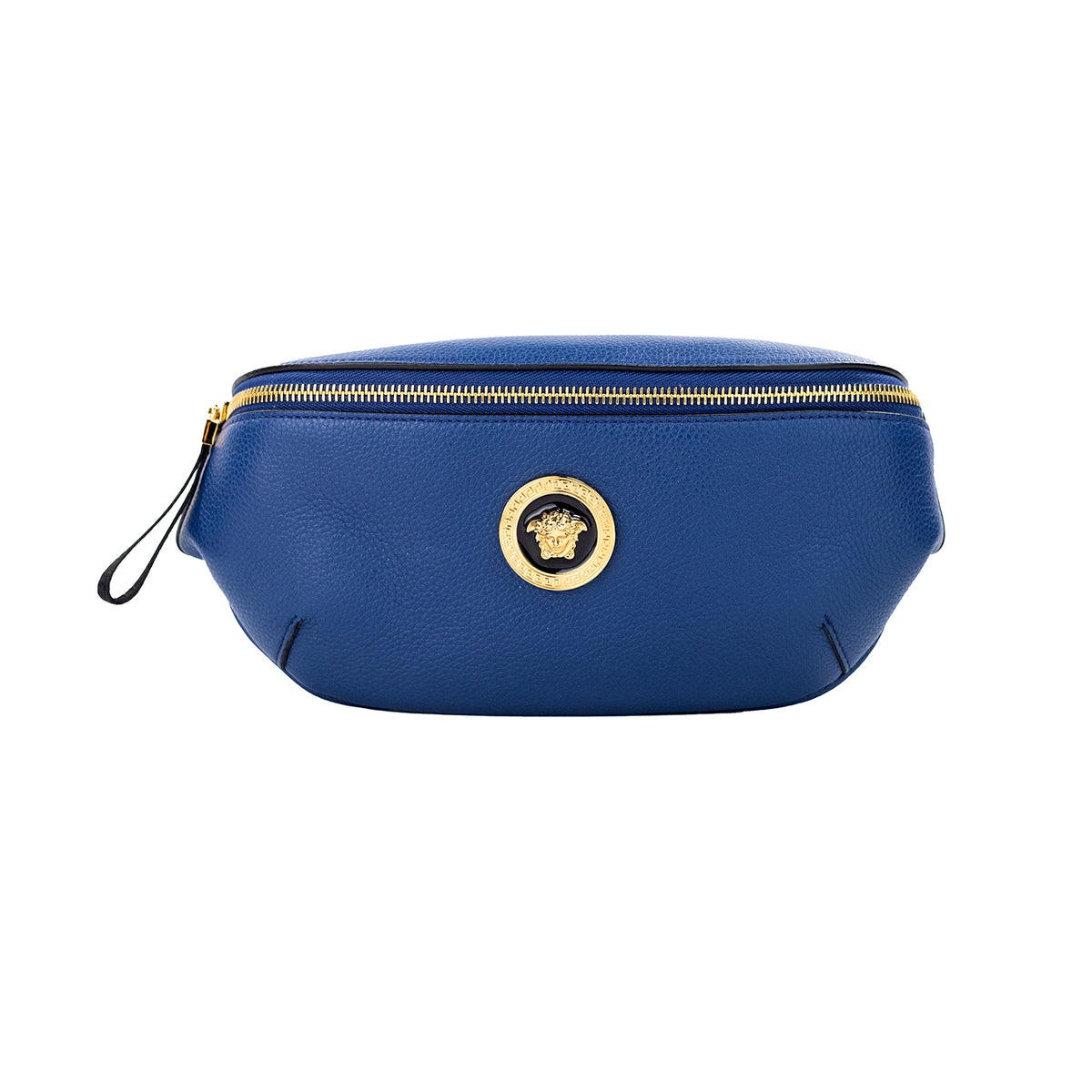 Versace pequena azul marinho couro de bezerro pingente medusa pochete pochete bolsa de cinto
