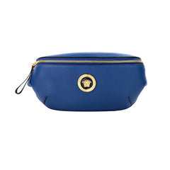 Versace pequena azul marinho couro de bezerro pingente medusa pochete pochete bolsa de cinto