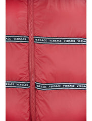 Colete elegante com logotipo Versace vermelho e capuz removível
