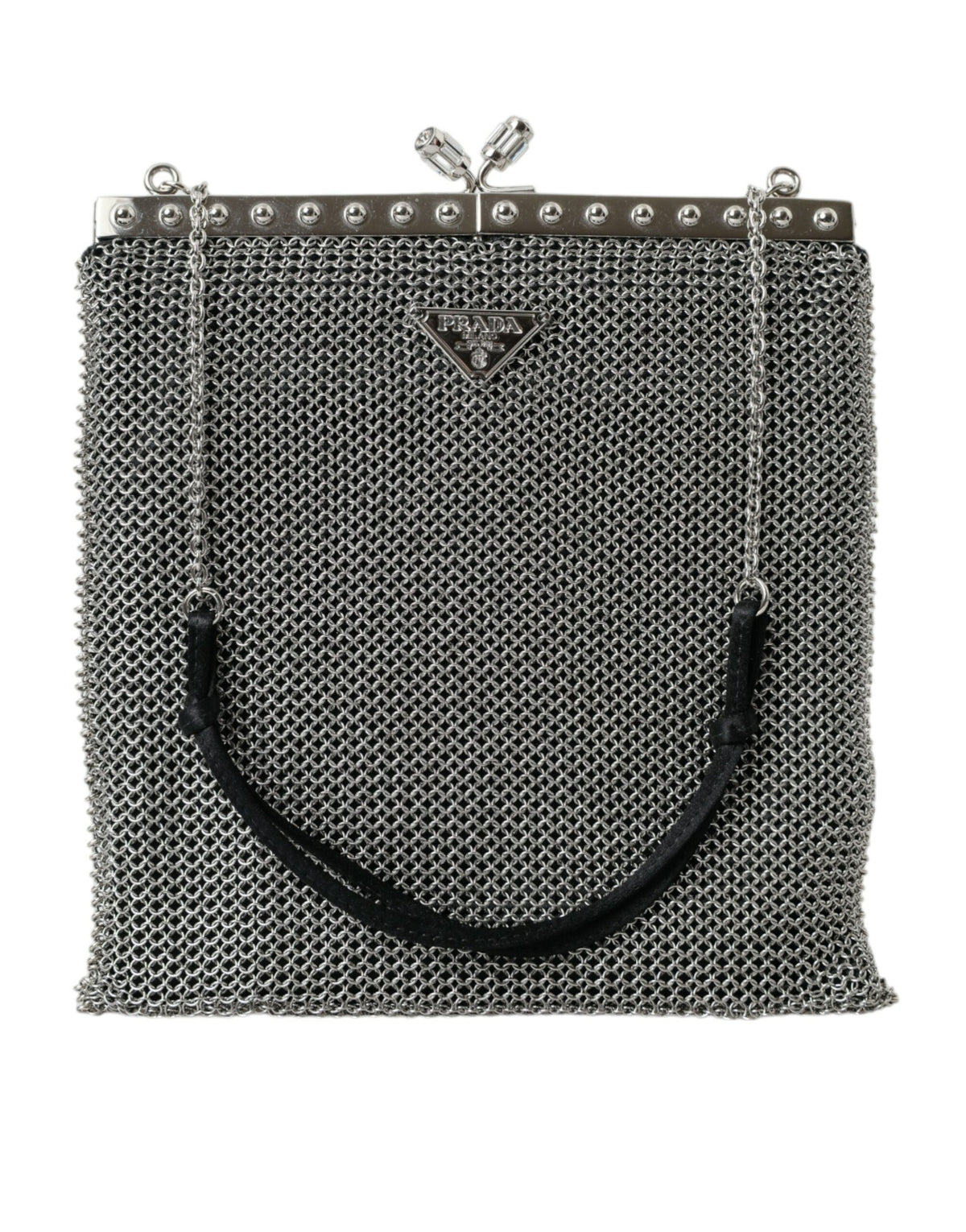 Bolsa de ombro de malha prateada elegante da Prada para noite