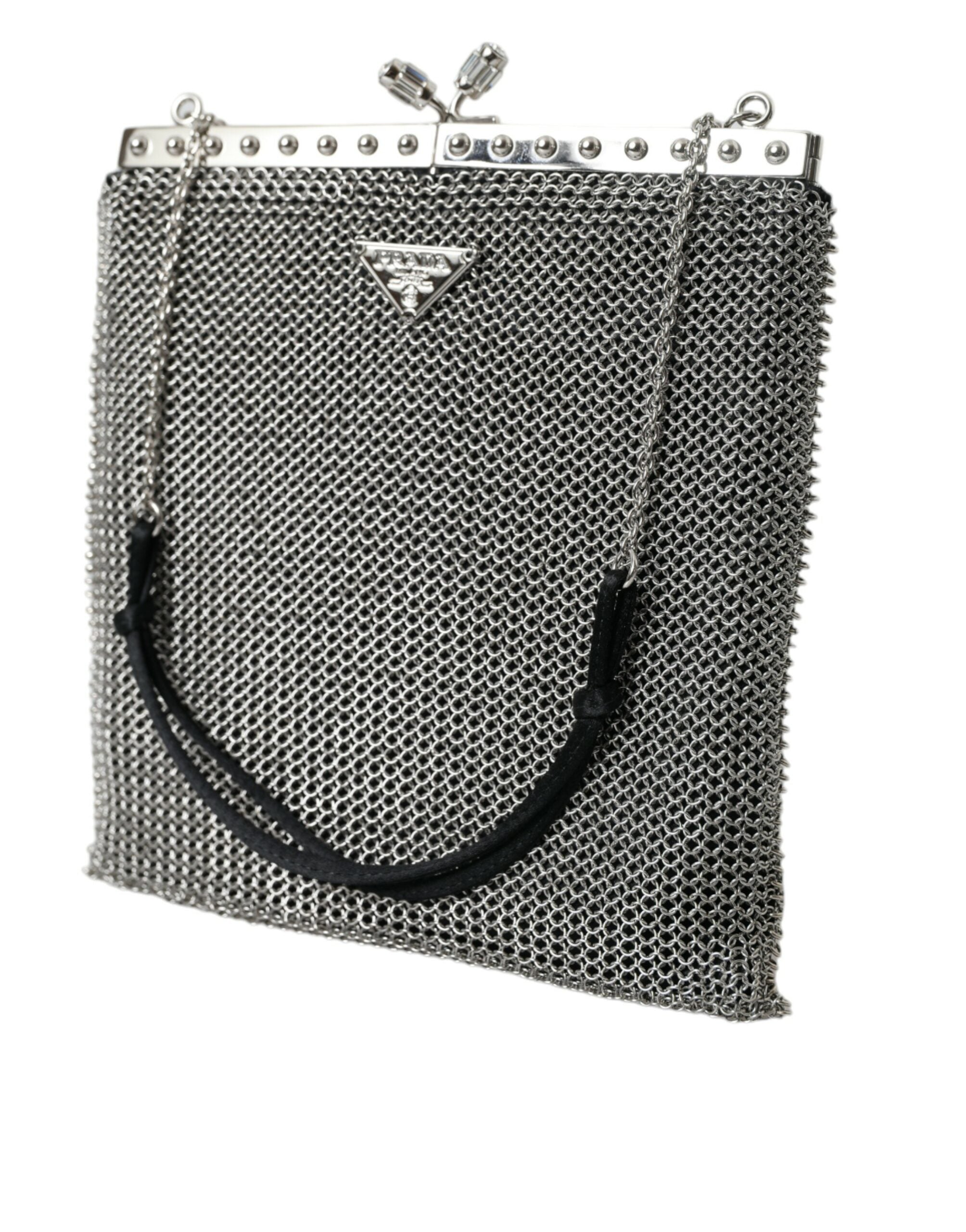 Bolsa de ombro de malha prateada elegante da Prada para noite