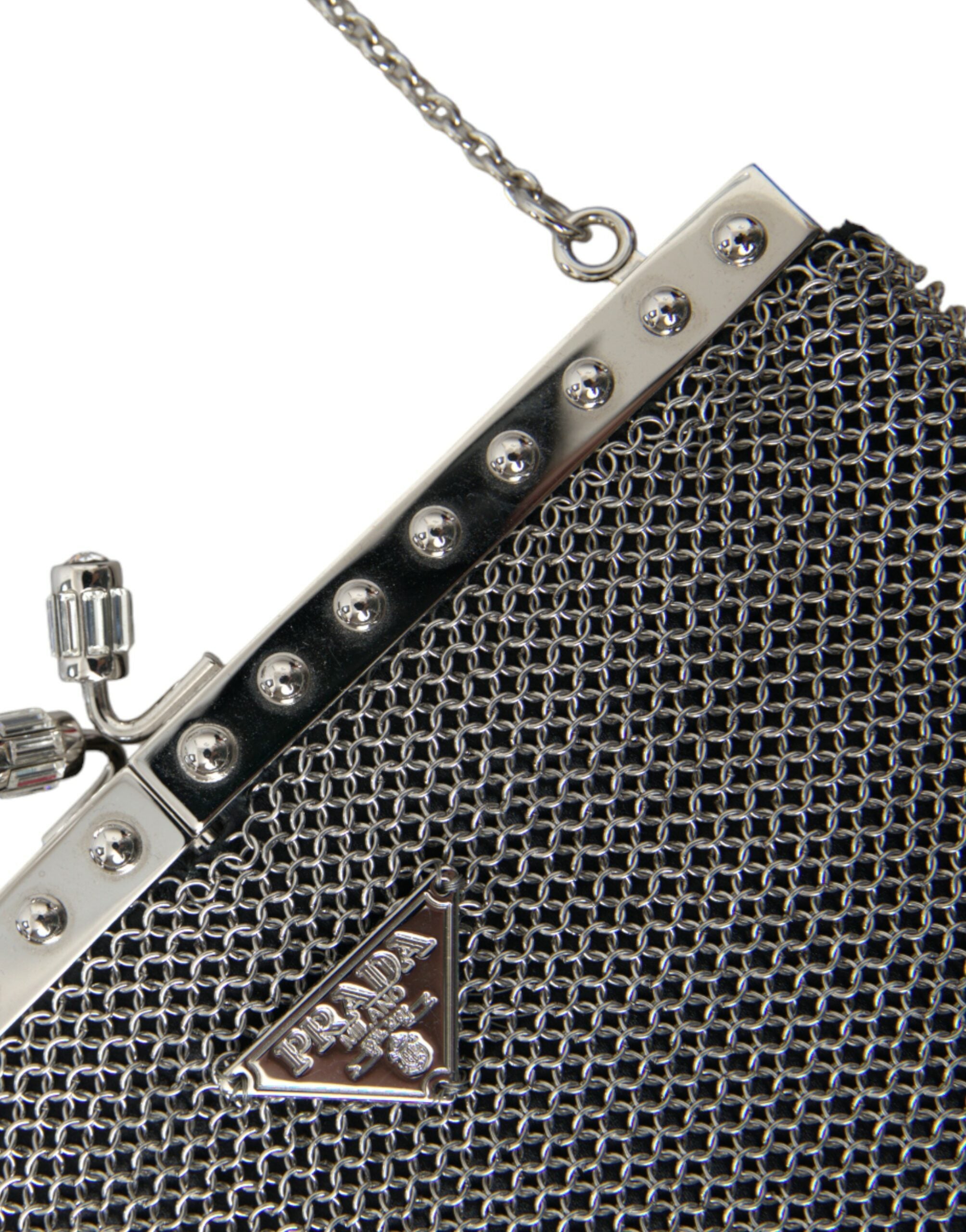 Bolsa de ombro de malha prateada elegante da Prada para noite