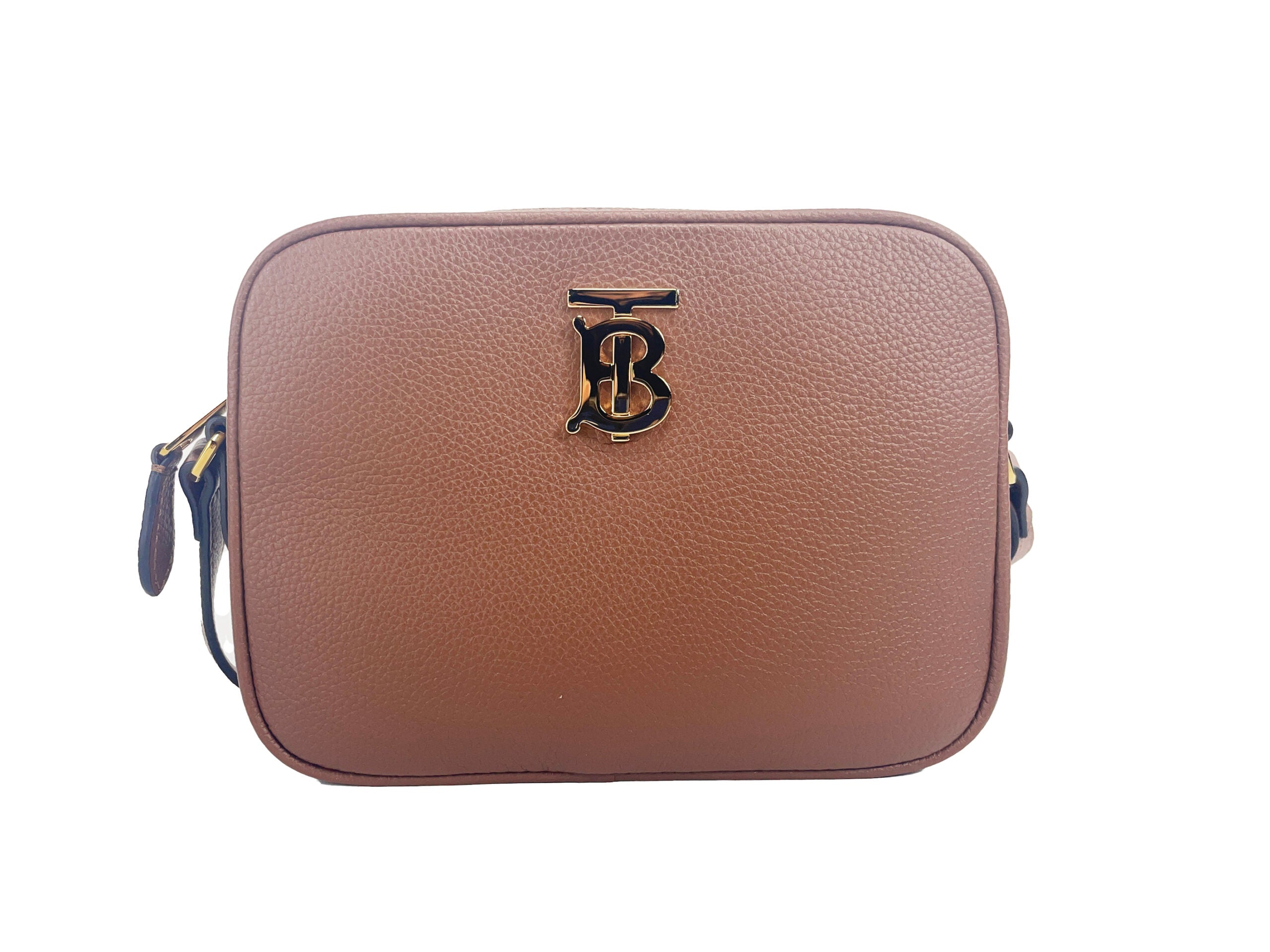 Bolsa pequena Burberry de couro bege com estampa de câmera e logo TB