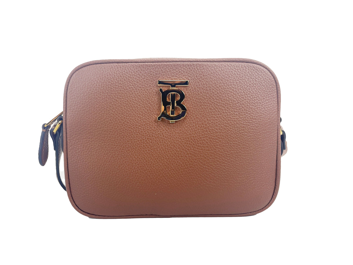 Bolsa pequena Burberry de couro bege com estampa de câmera e logo TB