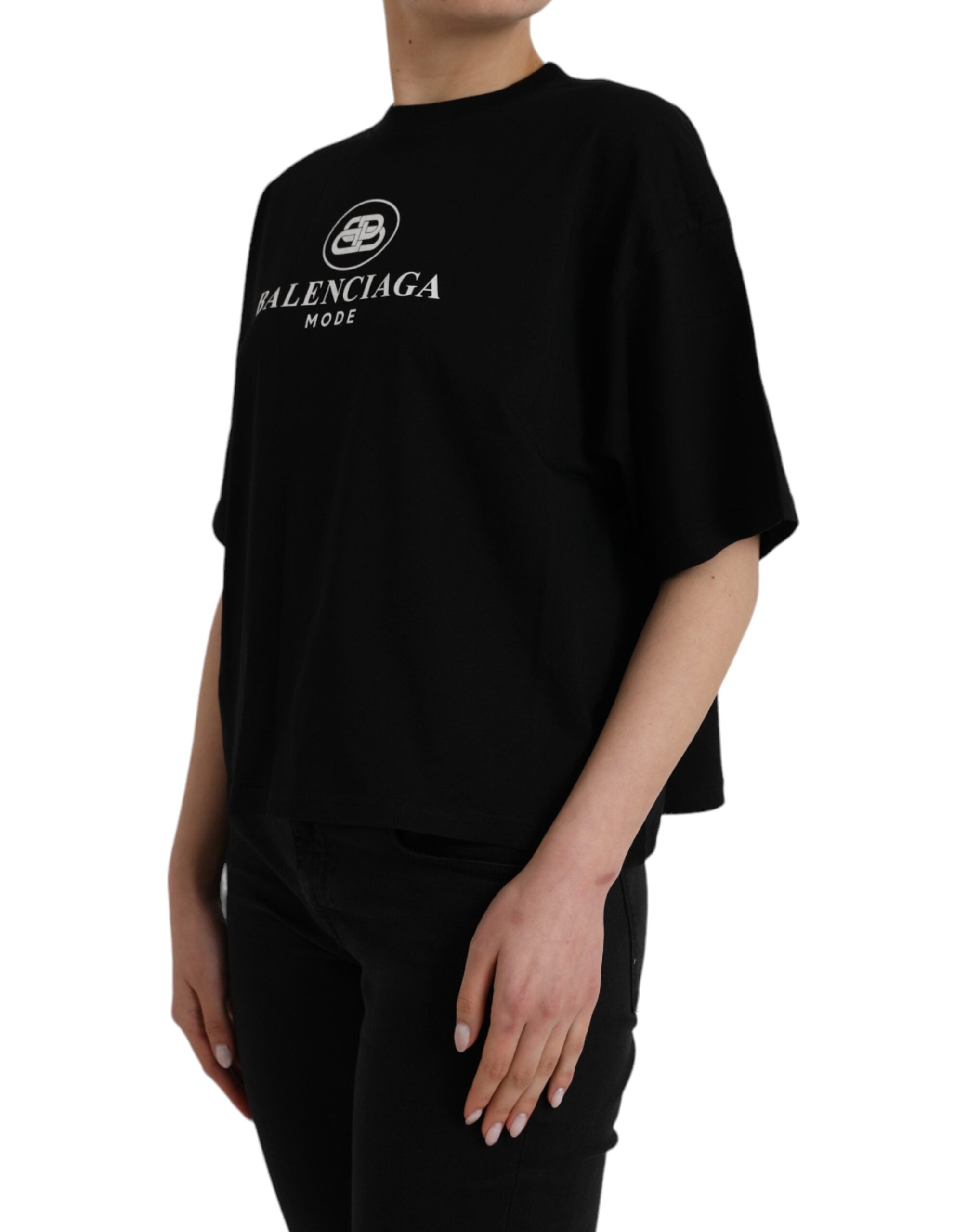 Camiseta Balenciaga preta de algodão com logotipo, gola redonda e manga curta