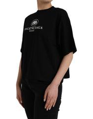 Camiseta Balenciaga preta de algodão com logotipo, gola redonda e manga curta