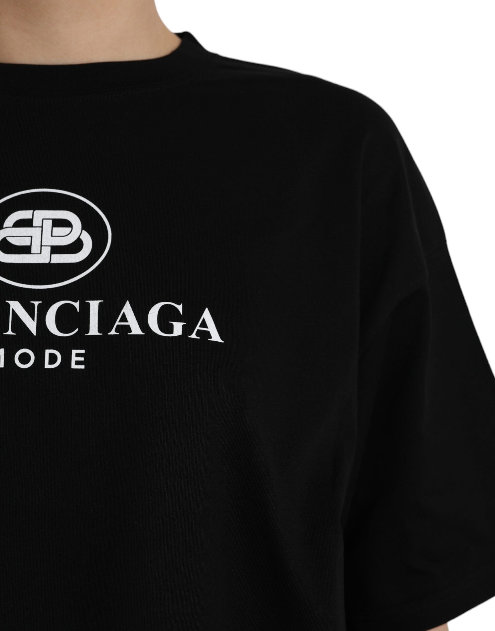 Camiseta Balenciaga preta de algodão com logotipo, gola redonda e manga curta