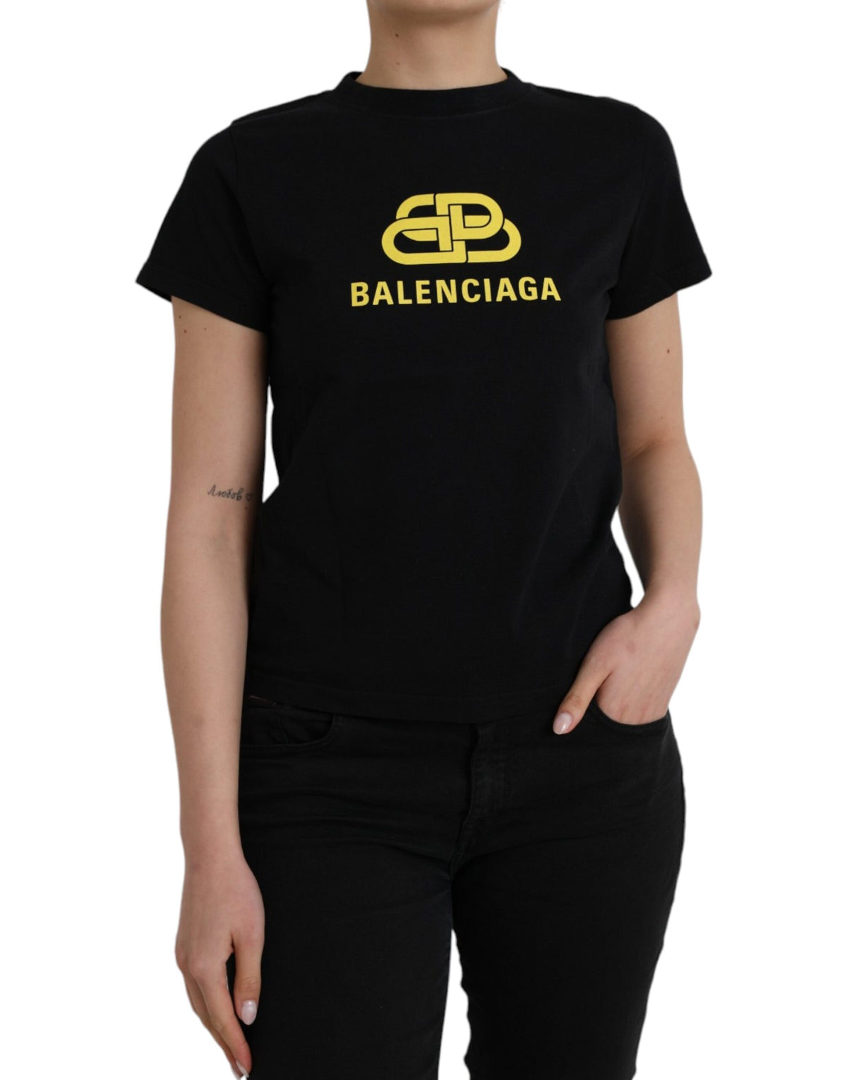 Camiseta Balenciaga preta de algodão com estampa de logotipo e gola redonda, manga curta