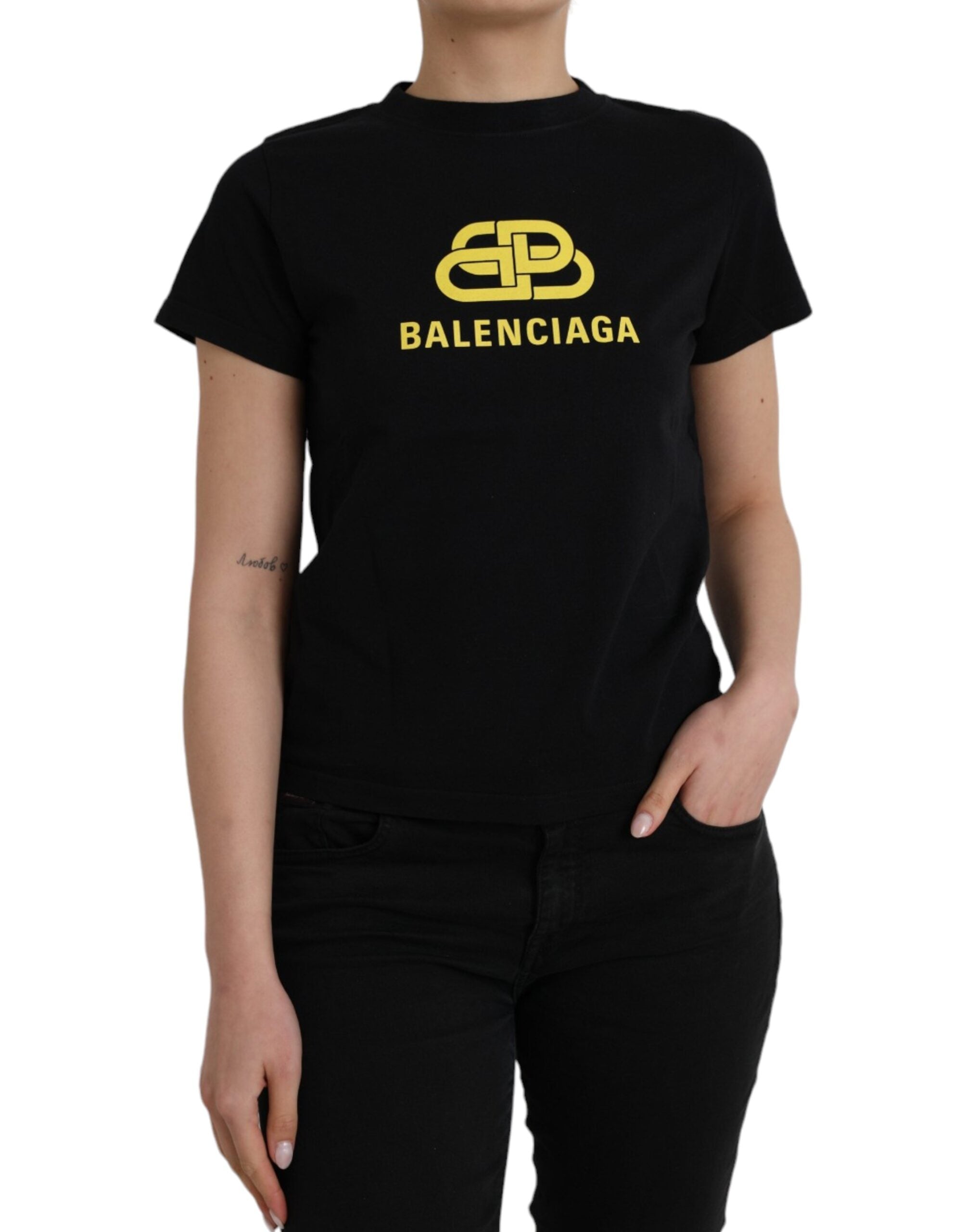 Camiseta Balenciaga preta de algodão com logotipo, gola redonda e manga curta