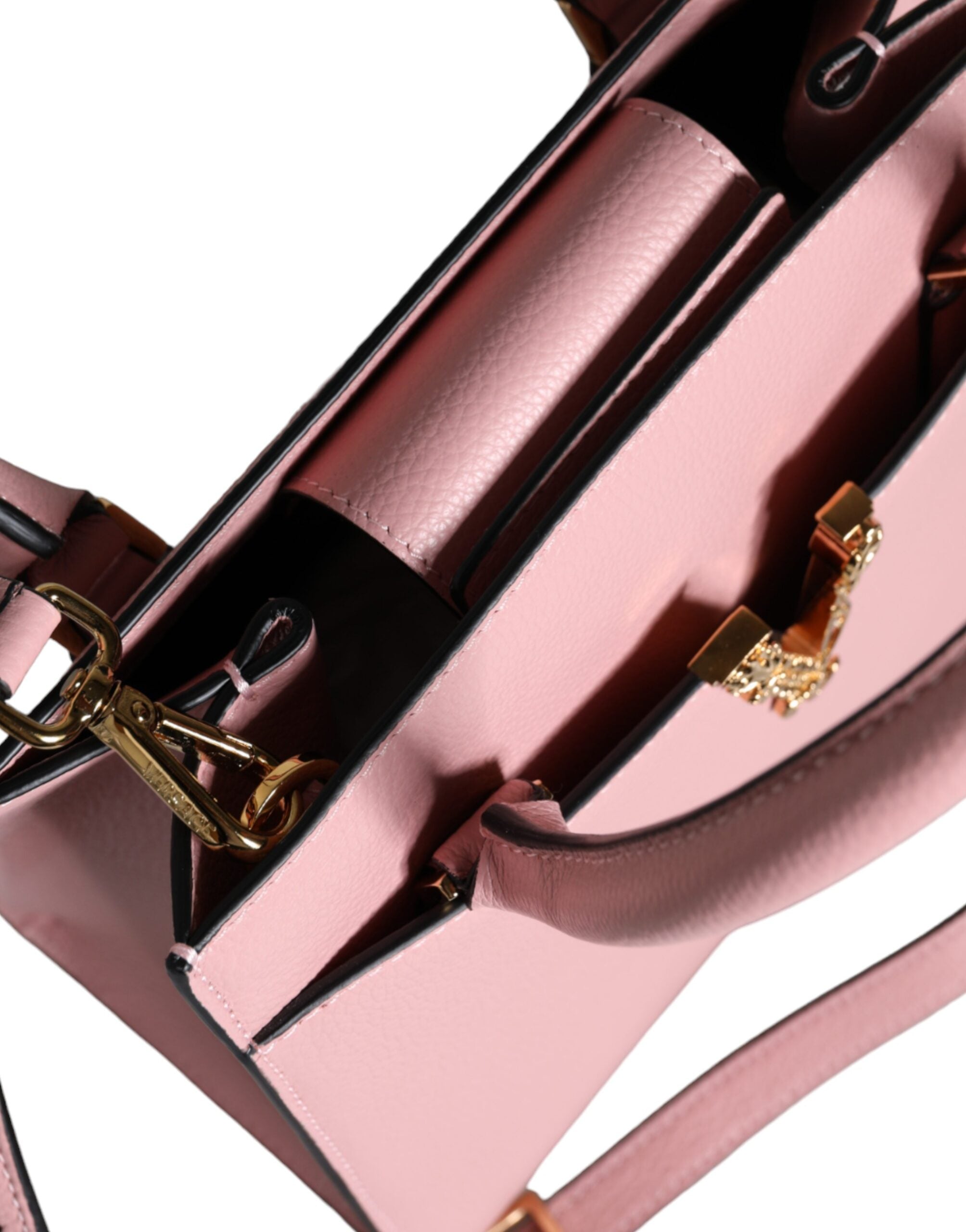 Bolsa transversal Versace rosa pequena com alça superior em couro de bezerro granulado