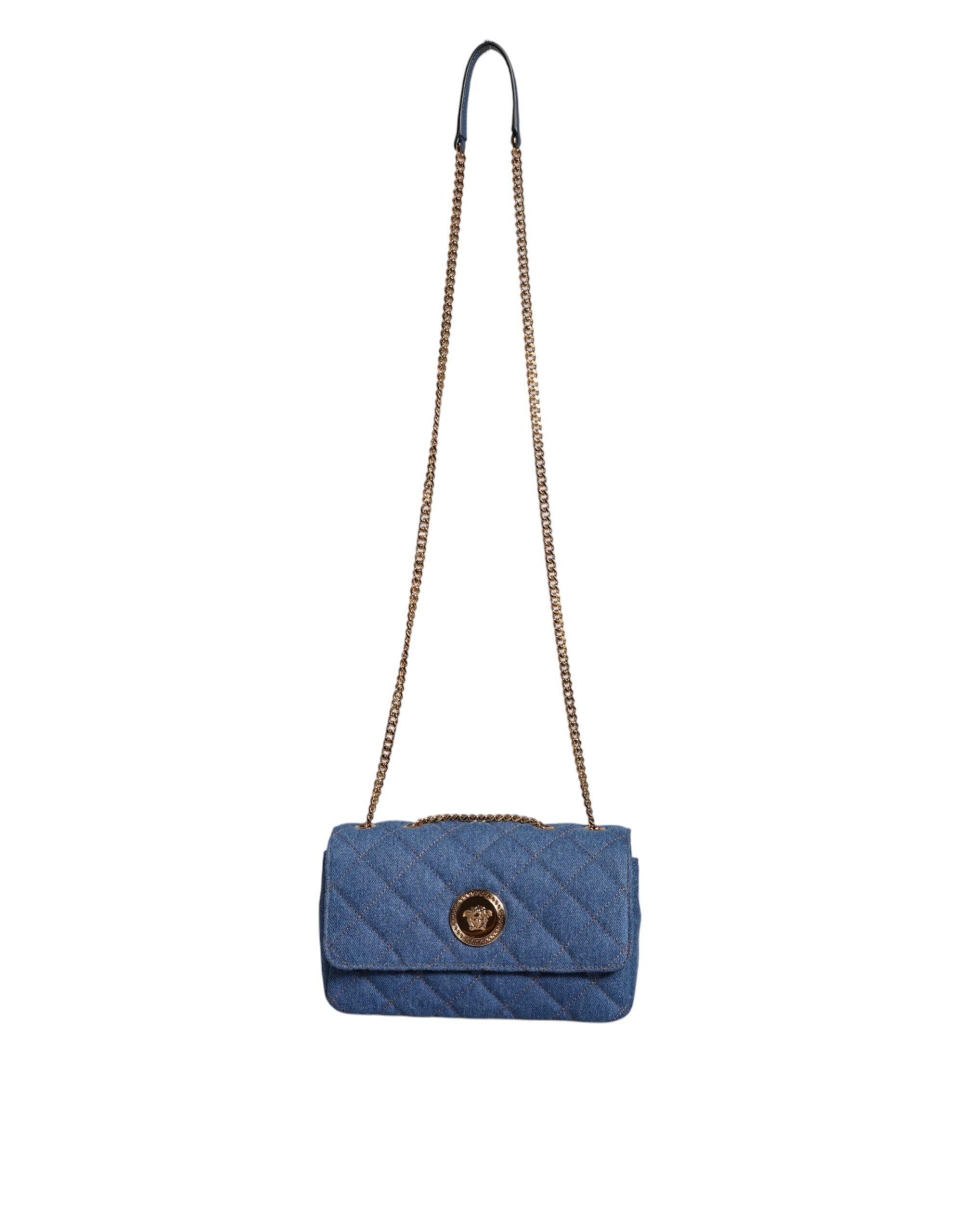 Bolsa de ombro transversal de couro jeans acolchoado azul Versace