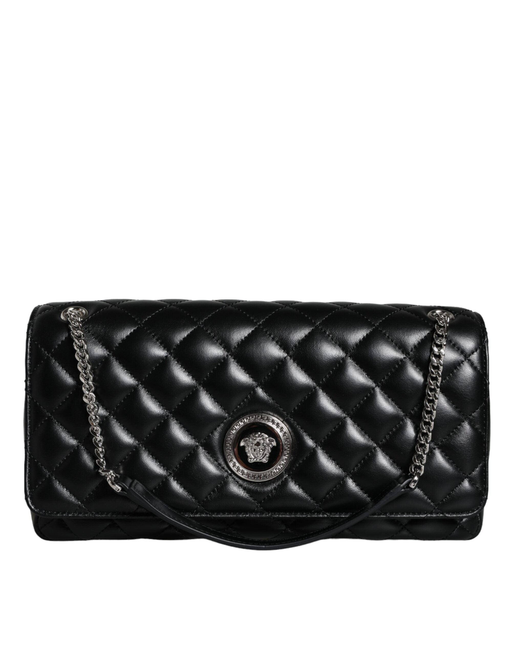 Bolsa de ombro transversal Versace em couro de cordeiro acolchoado preto