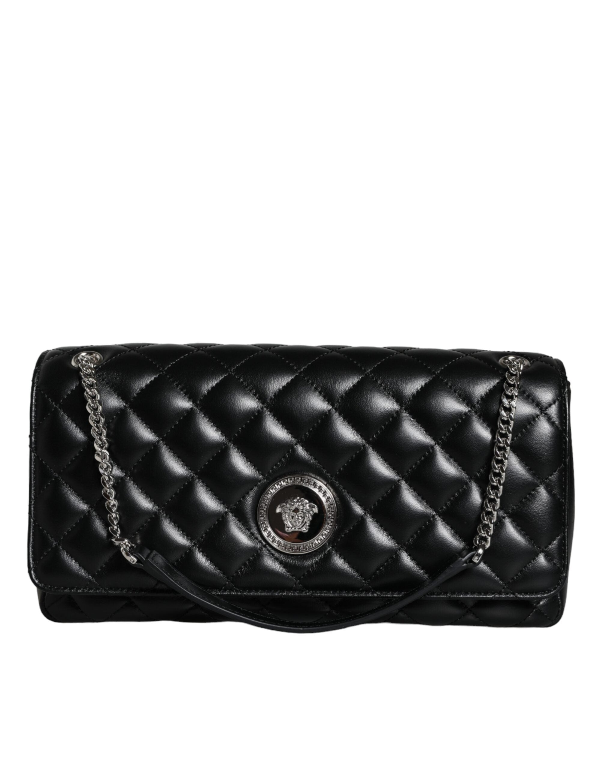 Bolsa de ombro transversal Versace em couro de cordeiro acolchoado preto