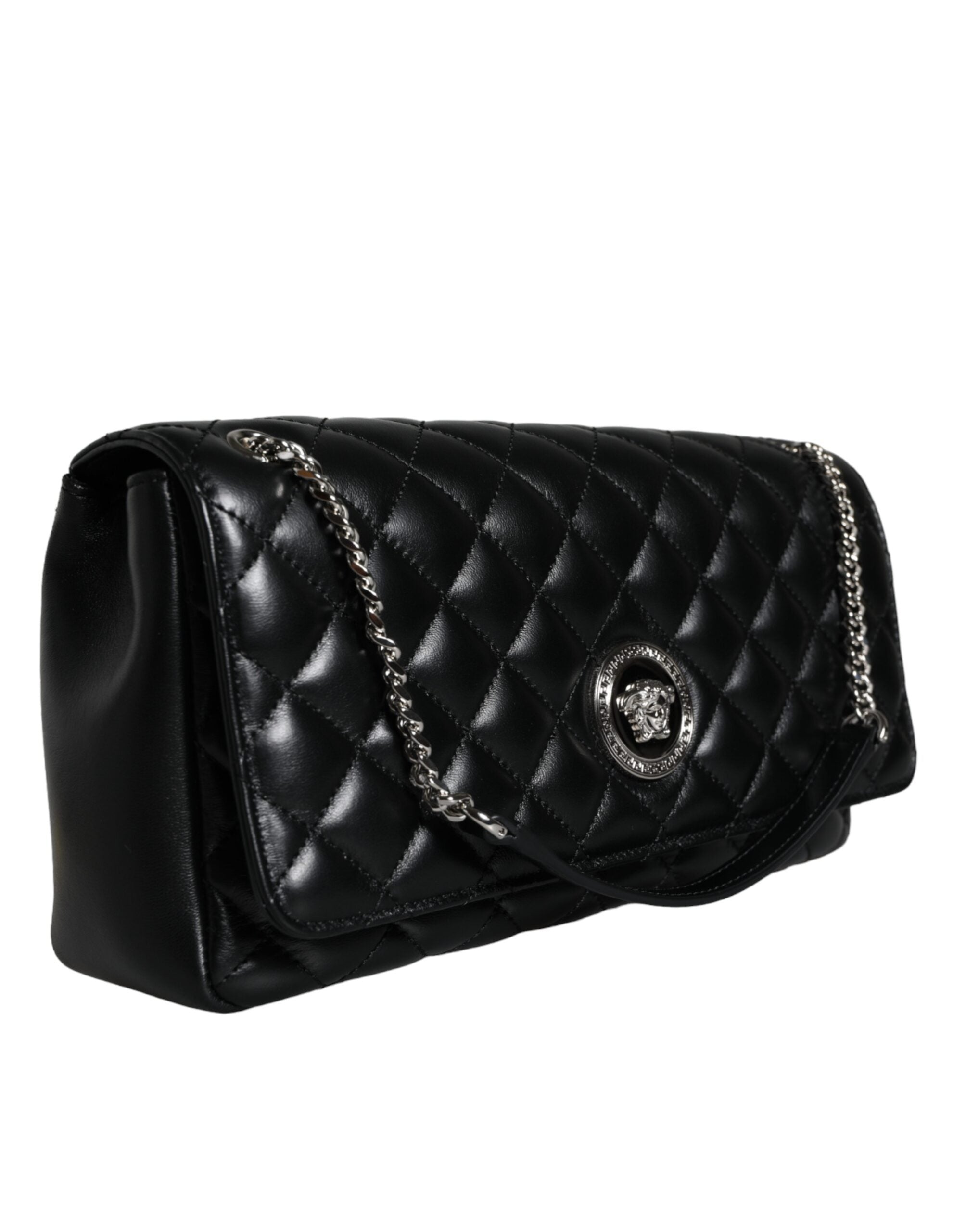 Bolsa de ombro transversal Versace em couro de cordeiro acolchoado preto