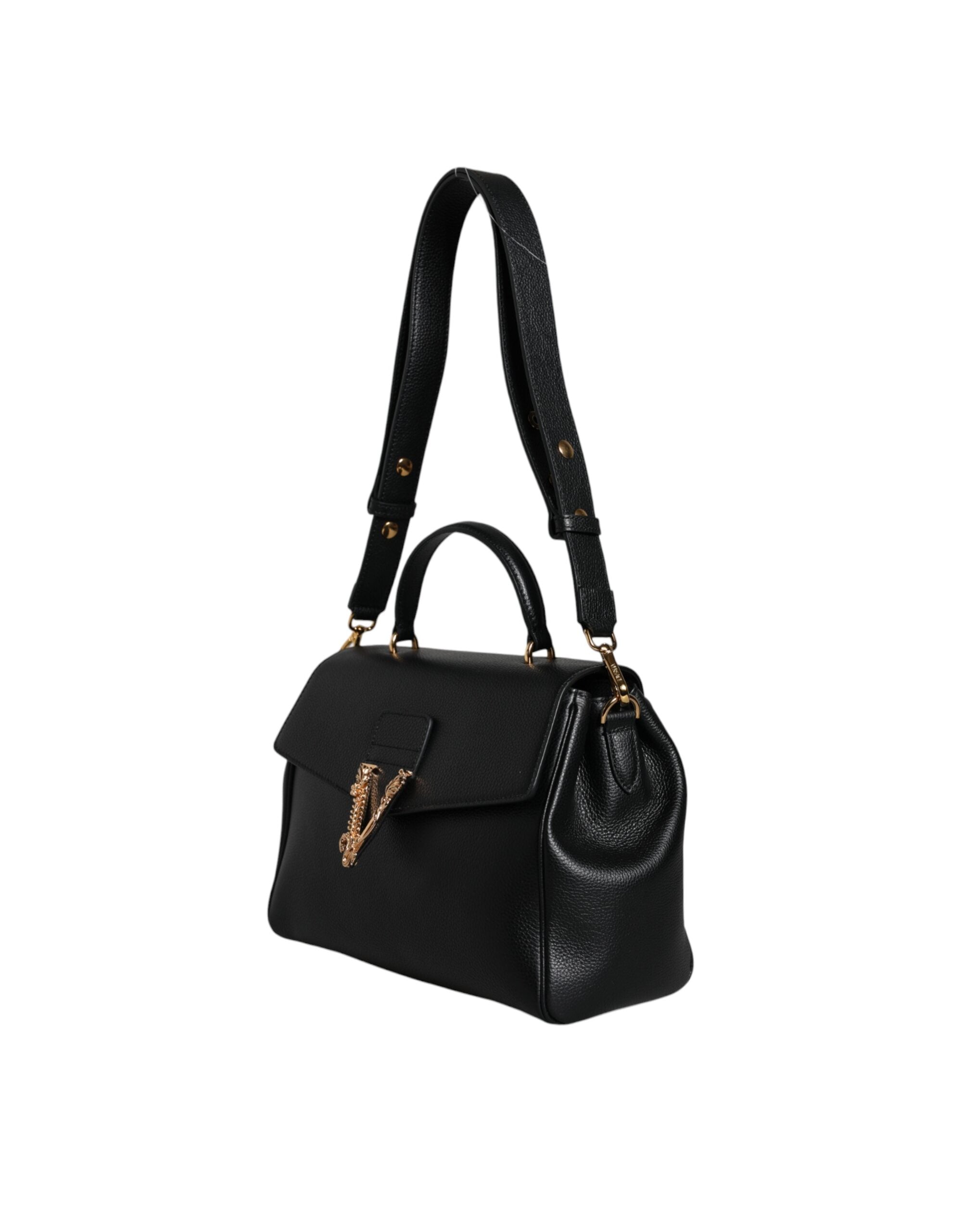 Bolsa transversal Versace preta com alça superior em couro de bezerro granulado