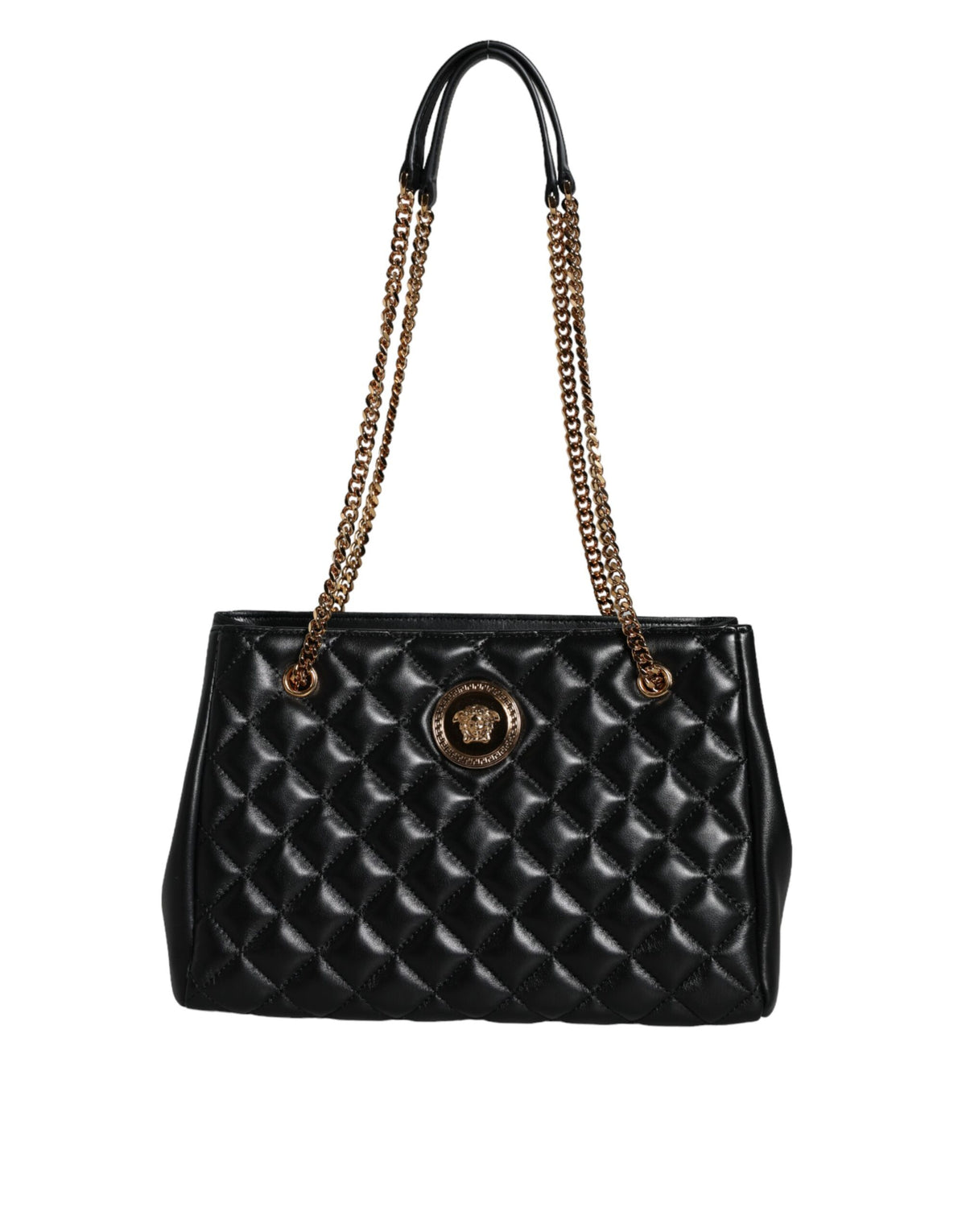 Bolsa Versace de couro napa acolchoado preto com alça de corrente
