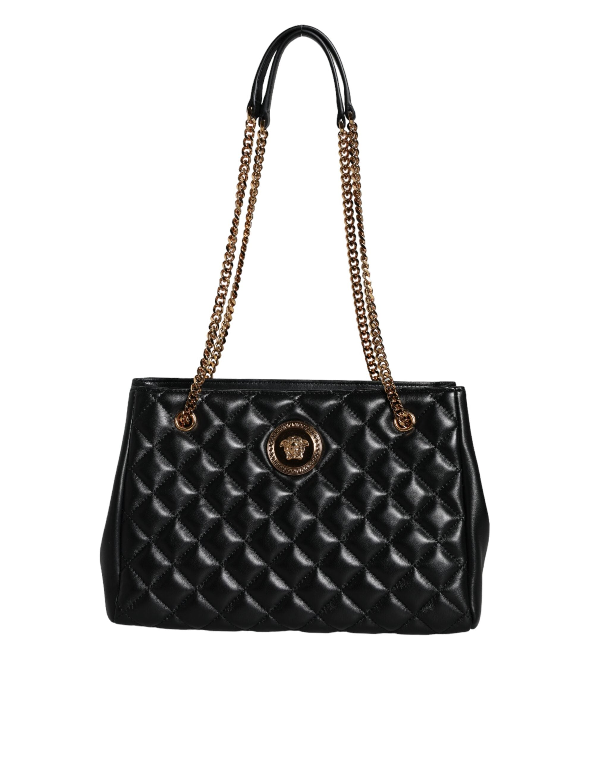 Bolsa Versace de couro napa acolchoado preto com alça de corrente