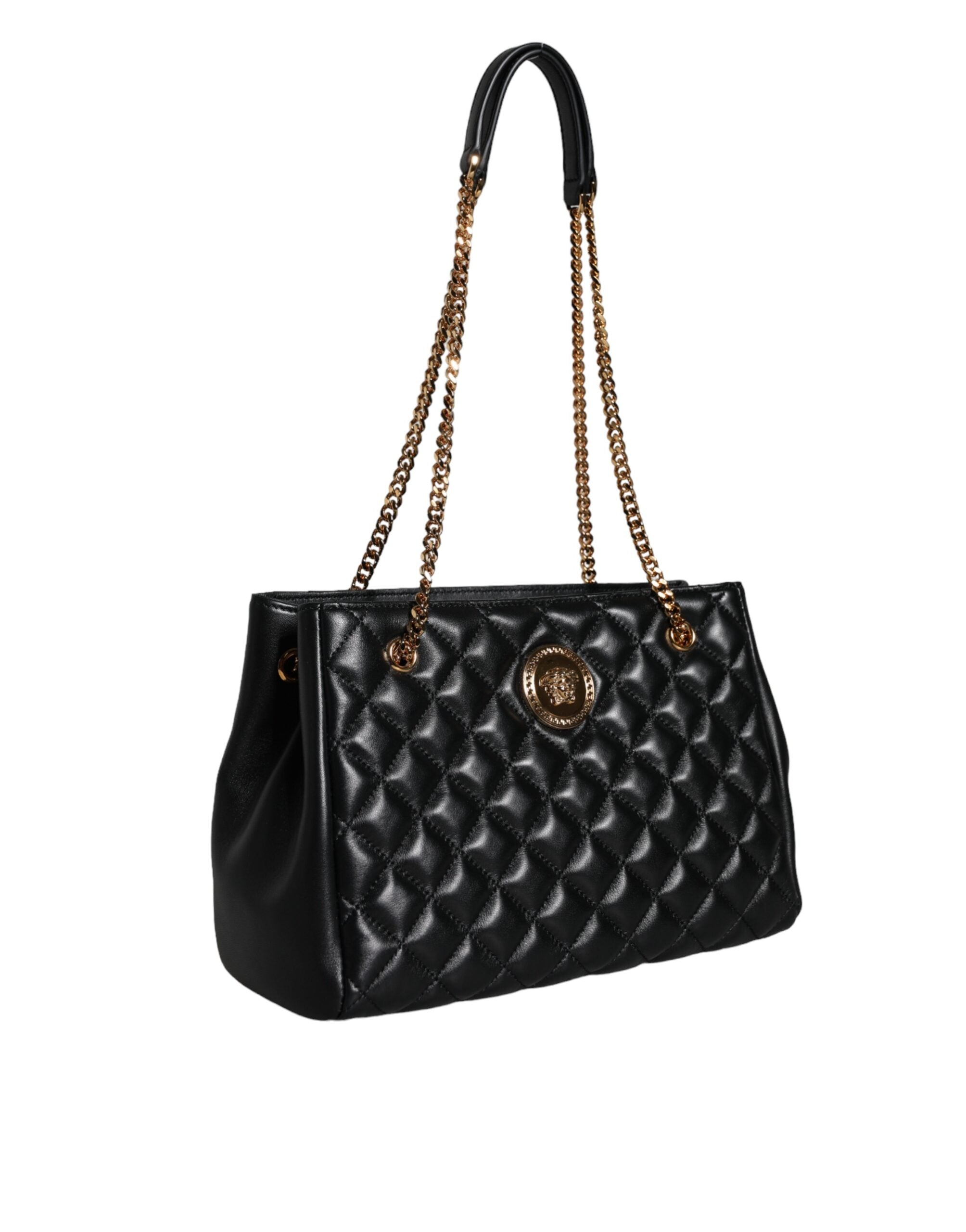 Bolsa Versace de couro napa acolchoado preto com alça de corrente