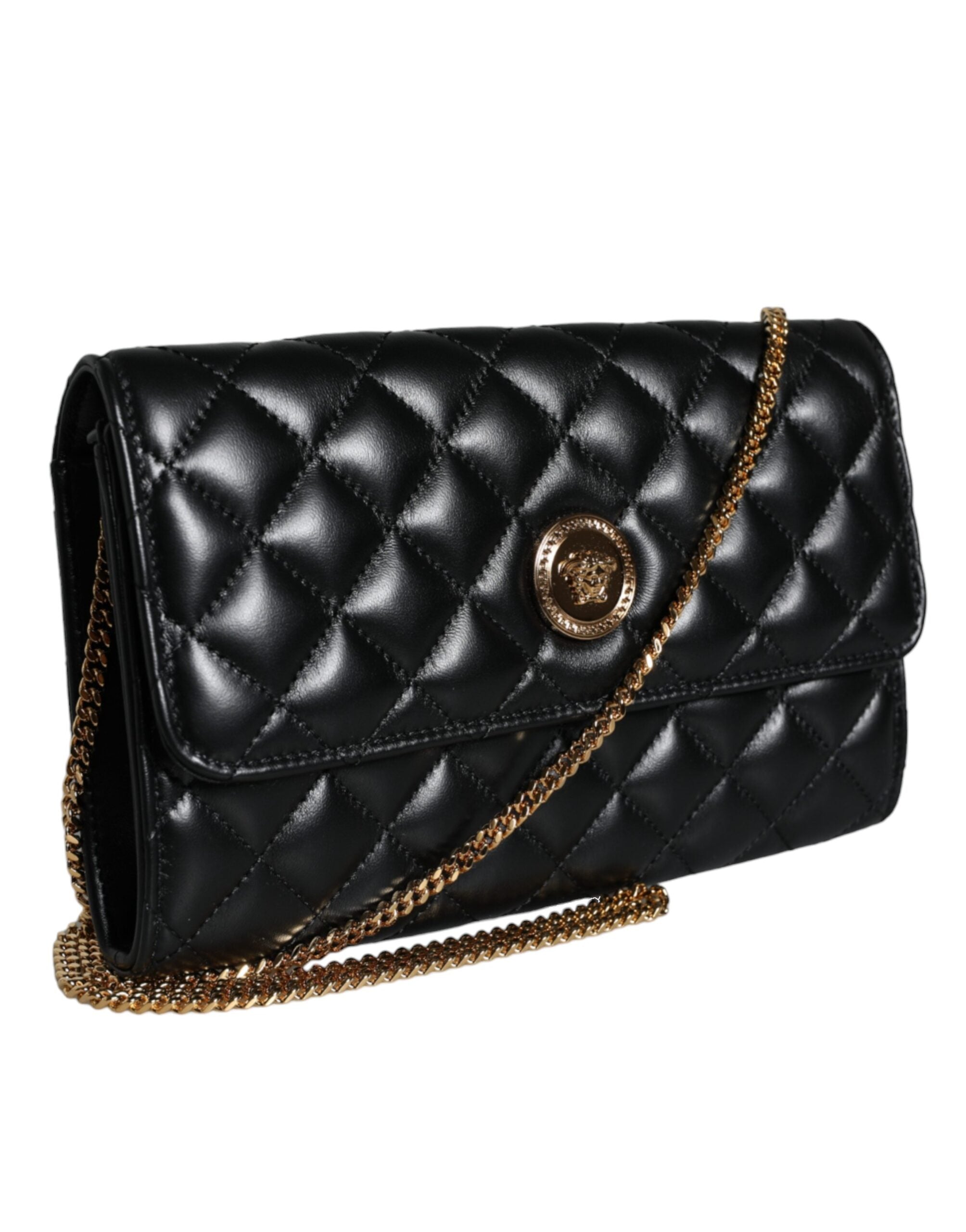 Bolsa de ombro transversal Versace em couro napa acolchoado preto