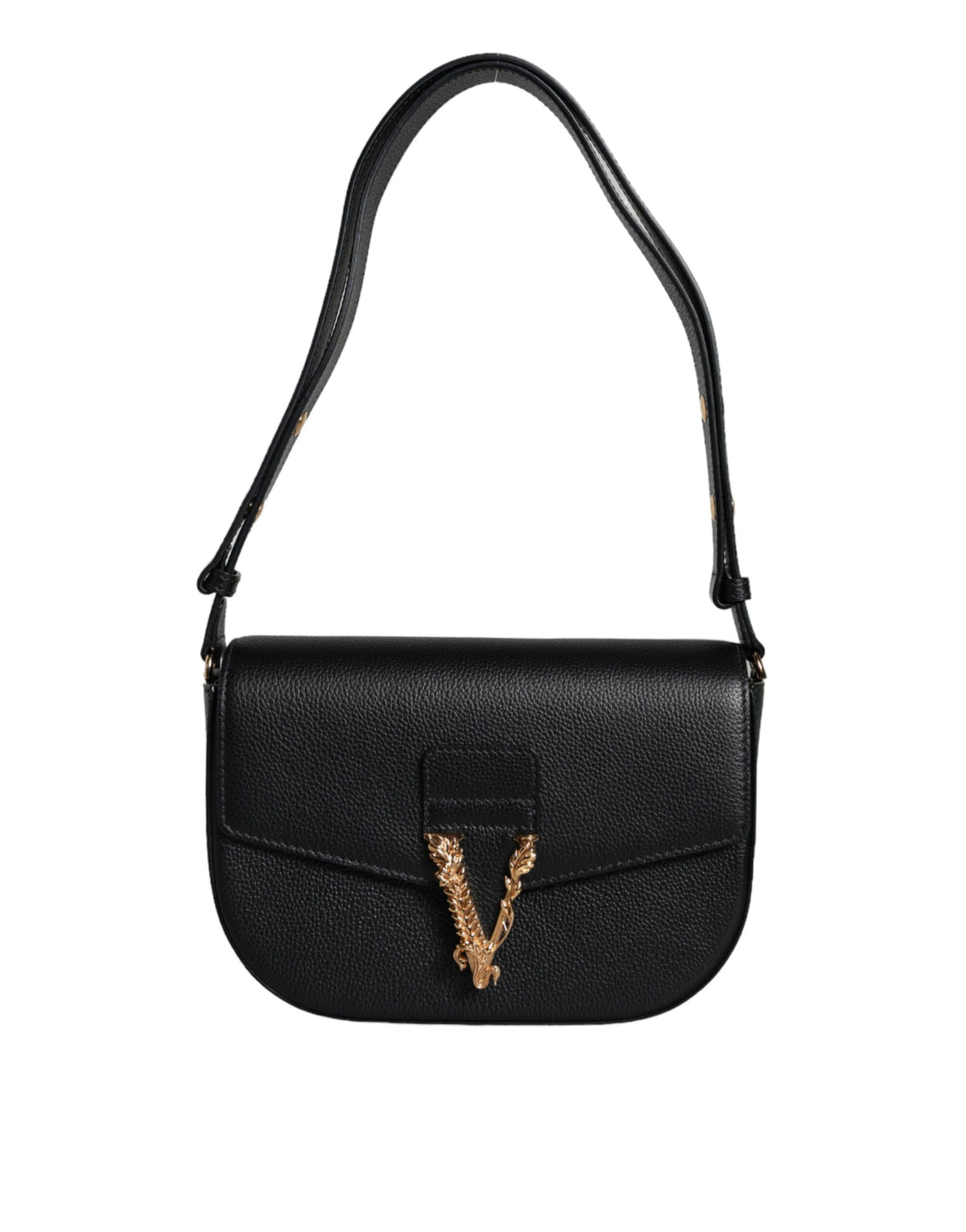 Bolsa de ombro transversal com logotipo em couro de bezerro granulado preto Versace