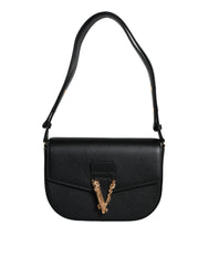Bolsa de ombro transversal com logotipo em couro de bezerro granulado preto Versace