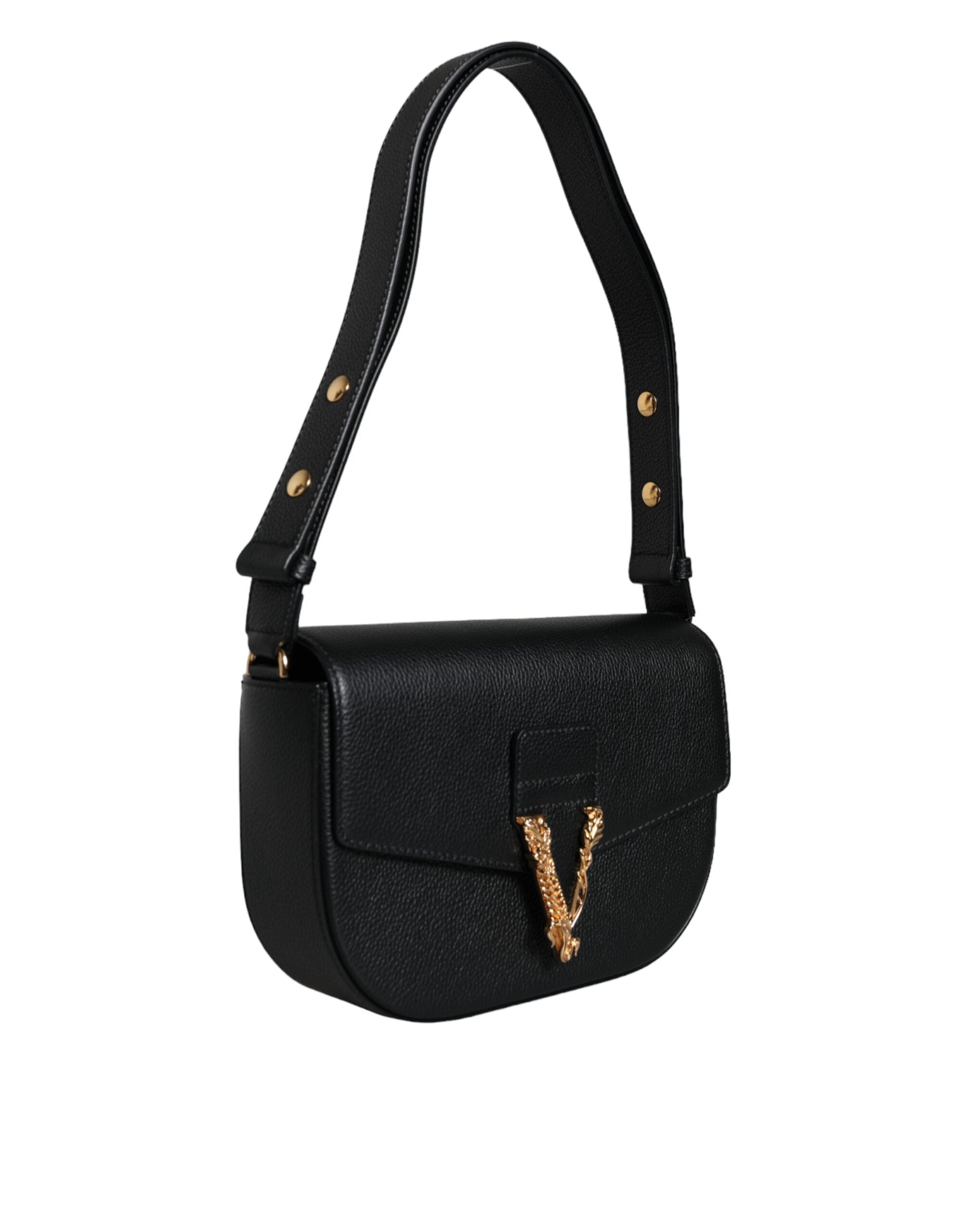 Bolsa de ombro transversal com logotipo em couro de bezerro granulado preto Versace