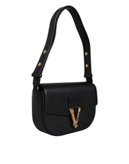 Bolsa de ombro transversal com logotipo em couro de bezerro granulado preto Versace