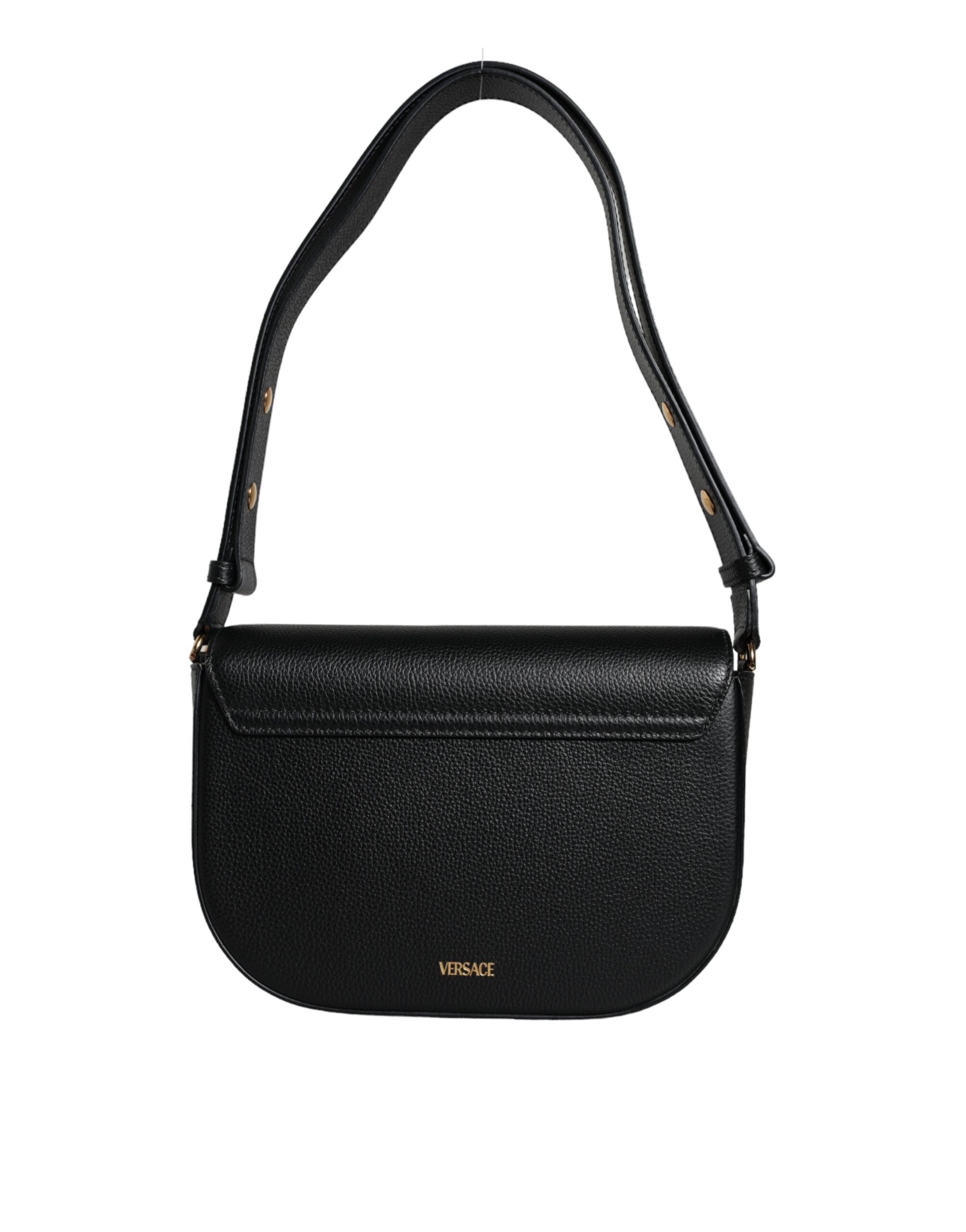 Bolsa de ombro transversal com logotipo em couro de bezerro granulado preto Versace